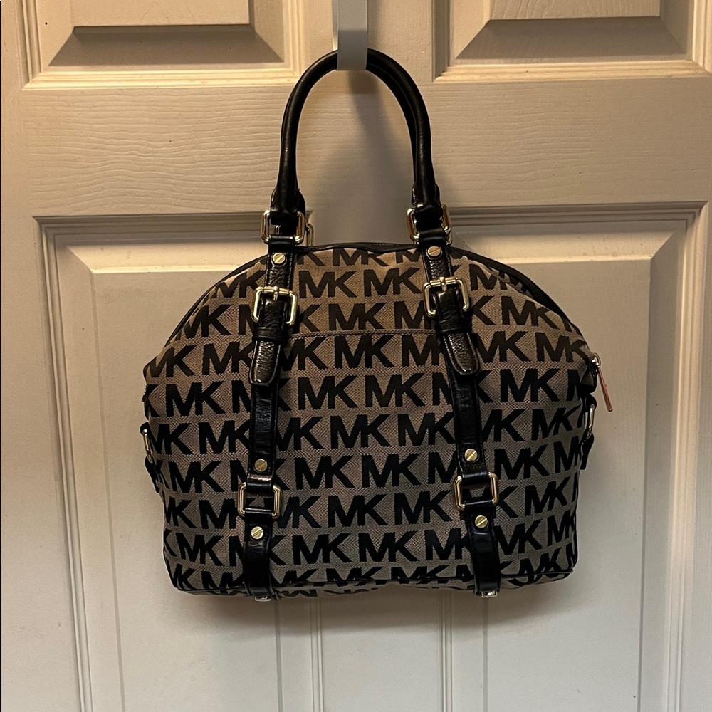 EUC Michael Kors Black and Brown MK Logo Dome Satchel Bedford Model